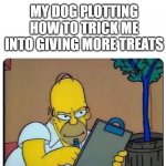 homer plotting | MY DOG PLOTTING HOW TO TRICK ME INTO GIVING MORE TREATS | image tagged in homer simpson clipboard,dog memes,simpsons,funny,evil plotting raccoon | made w/ Imgflip meme maker