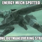 Energy Mech Spotted | ENERGY MECH SPOTTED; INITIATING OUTMANEUVERING STRATEGIES | image tagged in angry metal gear ray | made w/ Imgflip meme maker