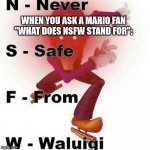 they also might be very memey | WHEN YOU ASK A MARIO FAN "WHAT DOES NSFW STAND FOR": | image tagged in never safe from waluigi | made w/ Imgflip meme maker