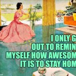 I'd Rather Stay Home Housewife | I ONLY GO OUT TO REMIND MYSELF HOW AWESOME IT IS TO STAY HOME | image tagged in 50s housewife,stay home,humor,so true,funny,introverts | made w/ Imgflip meme maker