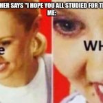 WHAT | WHEN THE TEACHER SAYS "I HOPE YOU ALL STUDIED FOR THE TEST TODAY!"
ME: | image tagged in the what | made w/ Imgflip meme maker