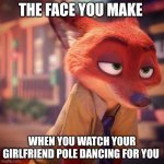 Be Kind to your Fox | THE FACE YOU MAKE; WHEN YOU WATCH YOUR GIRLFRIEND POLE DANCING FOR YOU | image tagged in nick wilde sexy look,zootopia,nick wilde,the face you make when,pole dancer,funny | made w/ Imgflip meme maker