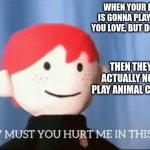 Why. Just why? | WHEN YOUR FRIEND IS GONNA PLAY A GAME YOU LOVE, BUT DON'T HAVE; THEN THEY SAY ACTUALLY NO, LET'S PLAY ANIMAL CROSSING | image tagged in why must you hurt me in this way,gaming,animal crossing,memes,funny | made w/ Imgflip meme maker