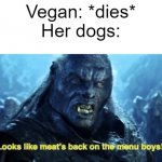 A blessing from the lord | Vegan: *dies*
Her dogs: | image tagged in looks like meat s back on the menu boys,dogs | made w/ Imgflip meme maker