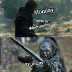 Boromir Arrows template | Monday; Tuesday; Wednesday; Thursday | image tagged in boromir arrows template | made w/ Imgflip meme maker