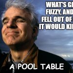 Daily Bad Dad Joke September 20 2022 | WHAT'S GREEN, FUZZY, AND IF IT FELL OUT OF A TREE IT WOULD KILL YOU? A POOL TABLE | image tagged in steve martin | made w/ Imgflip meme maker