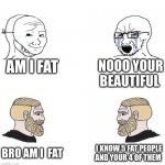 Chad we know | AM I FAT NOOO YOUR BEAUTIFUL BRO AM I  FAT I KNOW 5 FAT PEOPLE AND YOUR 4 OF THEM | image tagged in chad we know | made w/ Imgflip meme maker