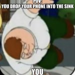 hou | POV:
YOU DROP YOUR PHONE INTO THE SINK; YOU | image tagged in peter griffin t-pose fall,fyp | made w/ Imgflip meme maker