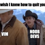 When new devs try vim for the first time | "I wish I knew how to quit you"; NOOB
DEVS; VIM | image tagged in brokeback mountain i wish i knew how to quit you | made w/ Imgflip meme maker