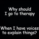 Voices | Why should I go to therapy; When I have voices to explain things? | image tagged in black background,voices | made w/ Imgflip meme maker