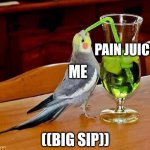 Me when I need to turn in 10 assignments that due tomorrow | PAIN JUICE; ME; ((BIG SIP)) | image tagged in big sip bird,school,school memes | made w/ Imgflip meme maker