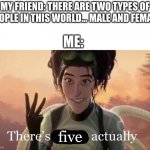 Think about it | MY FRIEND: THERE ARE TWO TYPES OF PEOPLE IN THIS WORLD... MALE AND FEMALE; ME:; five | image tagged in there s three actually | made w/ Imgflip meme maker