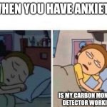 Morty waking up | WHEN YOU HAVE ANXIETY; IS MY CARBON MONOXIDE DETECTOR WORKING? | image tagged in morty waking up | made w/ Imgflip meme maker