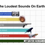 Do you have an annoying sibling? | MY SISTER SCREAMING | image tagged in the loudest sounds on earth | made w/ Imgflip meme maker