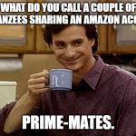 Dad Joke | WHAT DO YOU CALL A COUPLE OF CHIMPANZEES SHARING AN AMAZON ACCOUNT? PRIME-MATES. | image tagged in dad joke | made w/ Imgflip meme maker