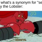 Time for an antimeme! | Me: what's a synonym for "see"?
Larry the Lobster: | image tagged in observe,anti-meme,spongebob | made w/ Imgflip meme maker