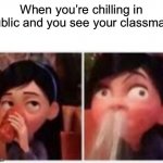 Violet's Embarrassment | When you’re chilling in public and you see your classmate | image tagged in violet's embarrassment,relatable,school,oh wow are you actually reading these tags | made w/ Imgflip meme maker