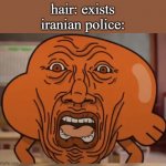 Modesty in Islam is so sacred that women will immediately get murdered if they show one bit of their fluffy scalp | hair: exists
iranian police: | image tagged in gumball darwin upset | made w/ Imgflip meme maker