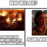 Spoiler Alert: It's Padme | WHO WILL DIE? ANAKIN, WHO HAS HAD ALL HIS ARMS AND LEGS CUT OFF AND IS NOW BURNING ALIVE; PADME, WHO IS SAD | image tagged in who would win blank,spoiler alert,padme,anakin start panakin,smgs r da best | made w/ Imgflip meme maker