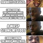 v | I WAS AT PE, ONE OF MY FAVORITE CLASSES. I WAS DOING A TINY PARKOUR, WHILE MY BROTHER IS DOING PARKOUR BETTER THAN ME; A WASP STUNG MY FOOT; I DIDN'T KNOW THE WASP WAS THERE, AND I WEAR A SOCK, BUT IT STILL STUNG ME | image tagged in black guy getting sadder | made w/ Imgflip meme maker