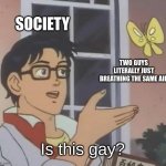stupid ass meme | SOCIETY TWO GUYS LITERALLY JUST BREATHING THE SAME AIR Is this gay? | image tagged in memes,is this a pigeon | made w/ Imgflip meme maker