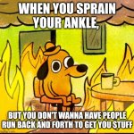 This is fine | WHEN YOU SPRAIN YOUR ANKLE, BUT YOU DON'T WANNA HAVE PEOPLE RUN BACK AND FORTH TO GET YOU STUFF | image tagged in this is fine | made w/ Imgflip meme maker