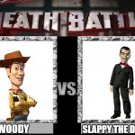 death battle: woody vs slappy | SLAPPY THE DUMMY; WOODY | image tagged in death battle template,disney,sony,memes | made w/ Imgflip meme maker