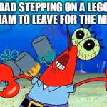 Leg-OW! | DAD STEPPING ON A LEGO AT 1AM TO LEAVE FOR THE MILK: | image tagged in oww my dolphin noise foot | made w/ Imgflip meme maker