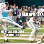 Mortgages, Finances, Mortgage backed securities | LOAN OFFICERS; MORTGAGE BACKED 
SECURITIES | image tagged in butt punt | made w/ Imgflip meme maker
