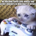 Sad gaming cat | ME BUILDING SUPER COOL HOUSES AND SECRET HIDEOUTS IN MINECRAFT BY MYSELF | image tagged in sad gaming cat | made w/ Imgflip meme maker