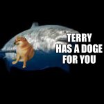 Terry the fat shark template | THIS IS TERRY THE FAT SHARK; TERRY HAS A DOGE FOR YOU; TERRY WILL RETURN WITH ANOTHER GIFT NEXT WEEK | image tagged in terry the fat shark template | made w/ Imgflip meme maker