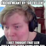 Not a cute anime girl name! | ME WHEN REALIZING WHAT MY FRIEND MEANT BY "GO TO LLEH!"; I JUST THOUGHT THAT LLEH WAS A CUTE JAPAN ANIME GIRL THO | image tagged in horrified laughability | made w/ Imgflip meme maker