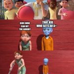 when ur the kid that can play football but your actually picked for volleyball at PE today | THAT KID WHO GETS AN A+; KIDS WHO CAN HIT THE GRIDDY | image tagged in megamind school pick | made w/ Imgflip meme maker