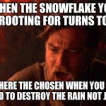 You Were The Chosen One (Star Wars) | WHEN THE SNOWFLAKE YOU WHERE ROOTING FOR TURNS TO WATER YOU WHERE THE CHOSEN WHEN YOU WHERE SUPPOSED TO DESTROY THE RAIN NOT JOIN THEM | image tagged in memes,you were the chosen one star wars | made w/ Imgflip meme maker