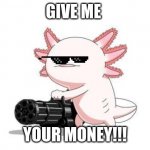 he wants your money | GIVE ME; YOUR MONEY!!! | image tagged in axolotl gun | made w/ Imgflip meme maker