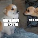 Creepy dog stare | Me in highschool; Guy dating my crush | image tagged in creepy dog stare | made w/ Imgflip meme maker