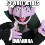 Wolf veto count | 63 WOLF VETOES; BWAHAHA | image tagged in sesame street count | made w/ Imgflip meme maker