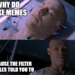 Matrix eyes hurt | WHY DO I LIKE MEMES; BECAUSE THE FILTER BUBBLES TOLD YOU TO | image tagged in matrix eyes hurt | made w/ Imgflip meme maker