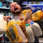 Panicking Man over storm milk and bread