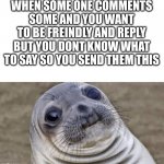 Akward moment seal | WHEN SOME ONE COMMENTS SOME AND YOU WANT TO BE FREINDLY AND REPLY BUT YOU DONT KNOW WHAT TO SAY SO YOU SEND THEM THIS | image tagged in akward moment seal | made w/ Imgflip meme maker