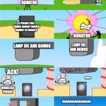 Wow, Insane much? | MEETING; HELP ME; DONATOR; A PERSON THAT THINKS NOBODY SHOULD DONATE TO CHARITY; DONATOR; LAMP OIL AND BOMBS; LAMP OIL AND BOMBS; ACK! ... HOMELESS PERSON; AAAAAAAAAAAAAAAA | image tagged in bfdi flower s announcer crusher | made w/ Imgflip meme maker