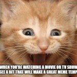 when you see something that will make a great meme template | WHEN YOU'RE WATCHING A MOVIE OR TV SHOW AND SEE A BIT THAT WILL MAKE A GREAT MEME TEMPLATE | image tagged in memes,excited cat | made w/ Imgflip meme maker