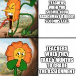 SUS | TEACHERS WHEN YOU SUBMIT YOUR ASSIGNMENT 0.00001 SECONDS LATE. TEACHERS WHEN THEY TAKE 5 MONTHS TO GRADE THE ASSIGNMENT | image tagged in cagney carnation yelling | made w/ Imgflip meme maker