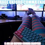 , | AVERAGE OXFORD COMMA ENJOYER; (I AM AN OXFORD COMMA ENJOYER) | image tagged in programmer socks | made w/ Imgflip meme maker