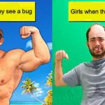 Why bugs | Boy when they see a bug; Girls when they see a bug | image tagged in buff guy vs actual guy | made w/ Imgflip meme maker