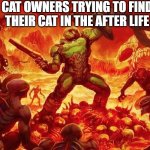 Doomslayer | CAT OWNERS TRYING TO FIND THEIR CAT IN THE AFTER LIFE | image tagged in doomslayer | made w/ Imgflip meme maker