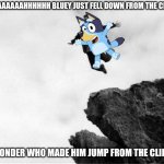 Nooooooooooo | I WONDER WHO MADE HIM JUMP FROM THE CLIFF AAAAAAAAAAHHHHHH BLUEY JUST FELL DOWN FROM THE CLIFF | image tagged in man jumping off a cliff,bluey,nooooooooo,jump | made w/ Imgflip meme maker