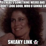 Sneaky Link, funny, Oct 4 | IF THERE'S SOMETHING WEIRD AND
IT DON'T LOOK GOOD, WHO U GONNA CALL; SNEAKY LINK 👻 | image tagged in ghostbusters | made w/ Imgflip meme maker
