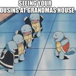Yeh bois | SEEING YOUR COUSINS AT GRANDMAS HOUSE | image tagged in squirtle squad | made w/ Imgflip meme maker