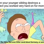 Has this ever happened to you? | When your younger sibling destroys a project you worked very hard on for months: | image tagged in you're like hitler,siblings | made w/ Imgflip meme maker
